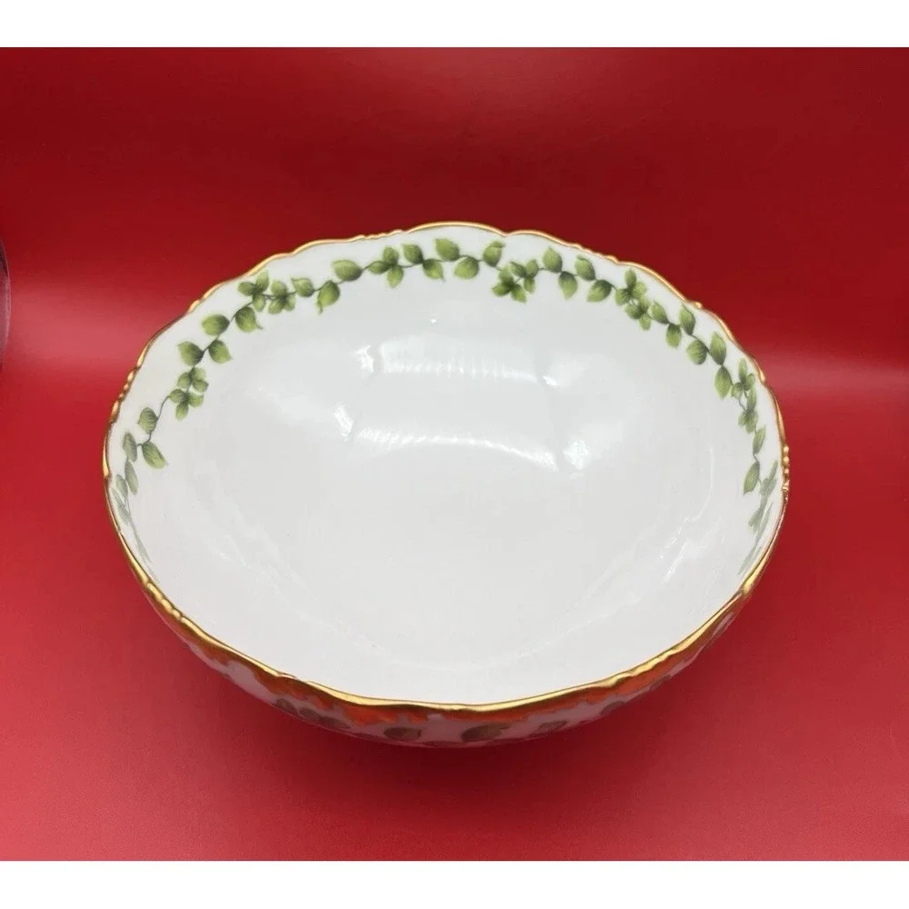 Antique T&V Limoges France Depose Green Vine w Rich Gold Rim Serving Bowl
